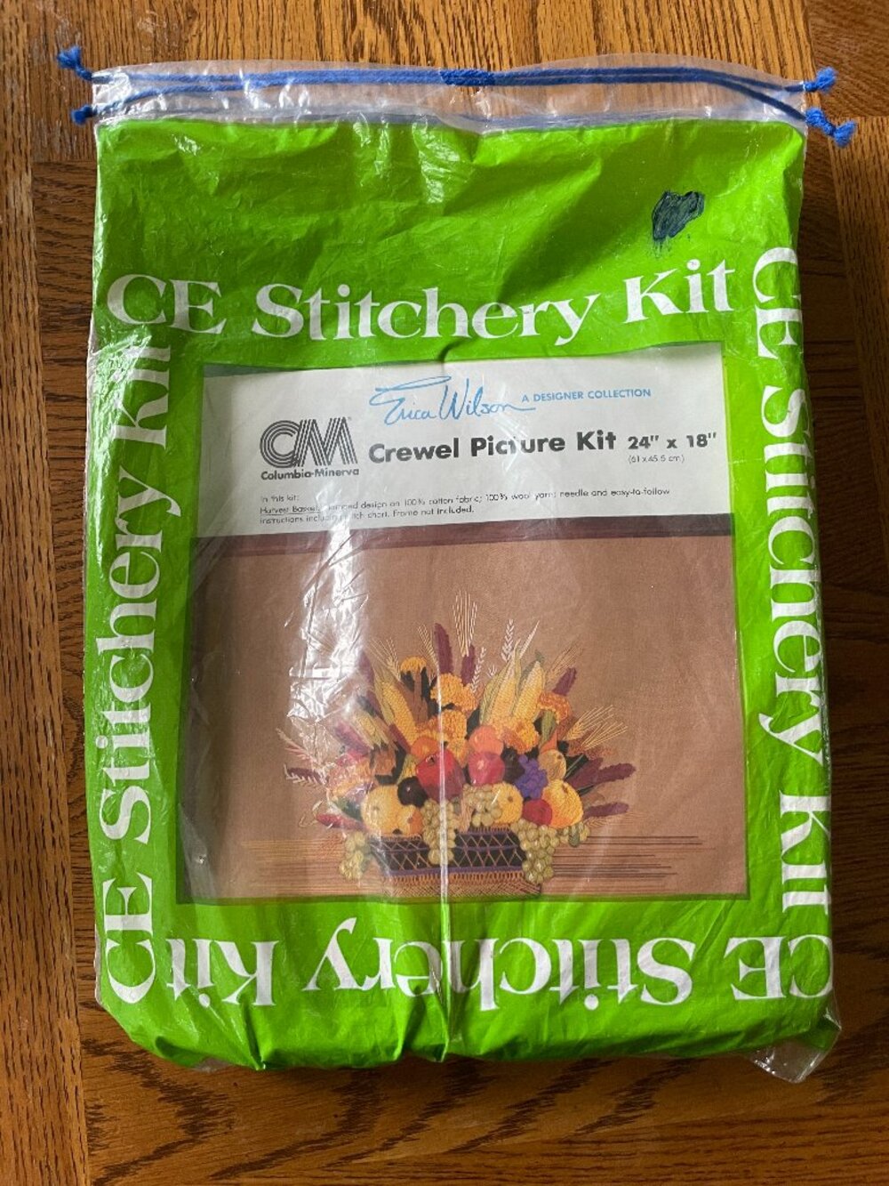 Vintage Erica Wilson Harvest Basket Crewel Embroidery Picture Kit 24" x 18"